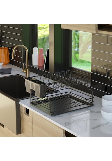 Teknotel İki Katlı Tabaklık Bulaşıklık Mat Siyah Kb005
