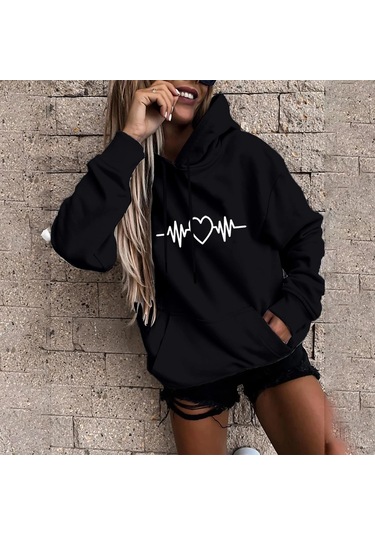 Kaixinjiuhao Kadın Moda Rahat Eğlenceli Baskı Kapşonlu Kazak Gevşek Spor Üstleri Kazak Siyah