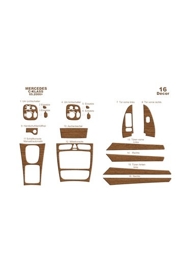 Mercedes C Serisi Konsol-torpido Kaplama 2000-2006 16 Parça-açık Meşe Seçenekler