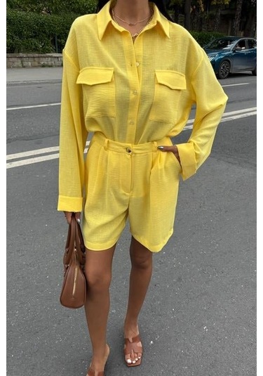 Gömlek Ve Şort Flamlı Keten Takım 10130 Altın