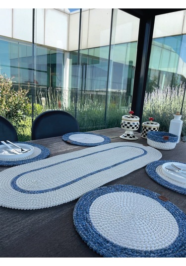 Doğal İp - Leke Tutmaz 6 Lı Masa Takımı 4 Amerikan Servis, 1 Runner, 1 Sepet - Şık Sofra Seti Beyaz/mavi