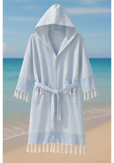 Kapşonlu Unisex Peştemal Plaj Bornozu %100 Pamuklu Seaside Stripe Mavi