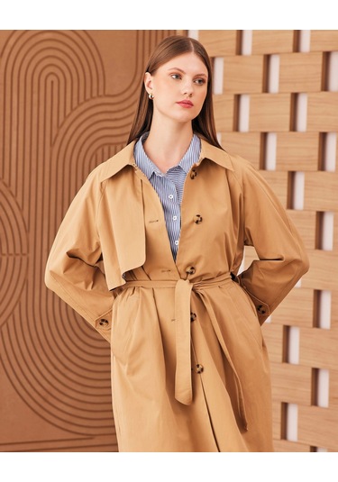 Gala-xi Büyük Beden Apolet Camel Kadın Trençkot 2321901005 001