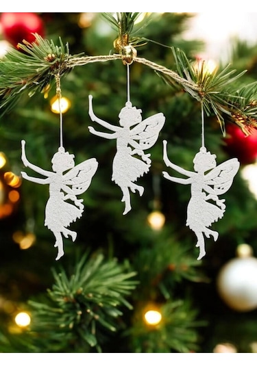 Yılbaşı Ağacı Süsü Melek Şekilli Asılabilir Simli Ağaç Süsü 13 Cm 3'lü Beyaz Melek