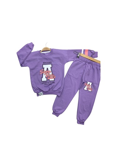 Kız Çocuk Arizona A Harf Desenli Kolu Çizgi Şeritli Bisiklet Yaka Lila Renk Eşofman Takımı 001