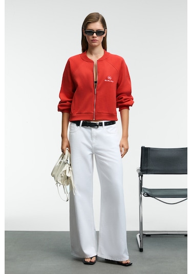 Grımelange Yasvell Kadın Metal Fermuarlı Çift Cepli Nakış Detaylı Balon Kollu Bomber Kırmızı Ceket Kırmızı