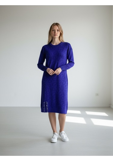 Kadın Önü Desenli Etek Yan Ucu Boncuklu Düşük Kol Tunik Mavi