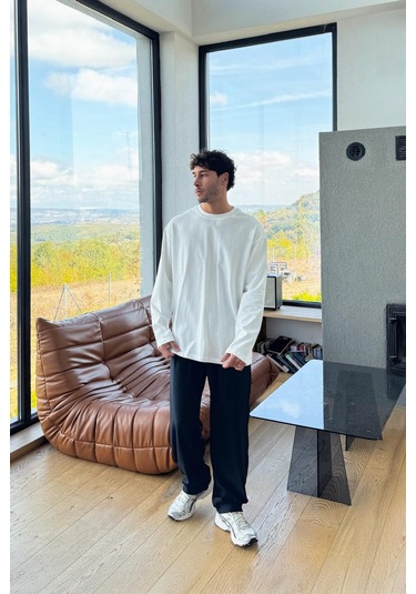 Basic Oversize Uzun Kol Tişört Ekru Ekru