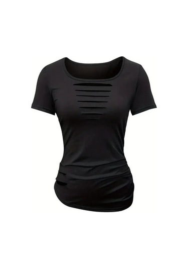 Kadın Kısa Kollu Yakası Açık Lazer Kesik Detaylı Viskon Bluz Siyah