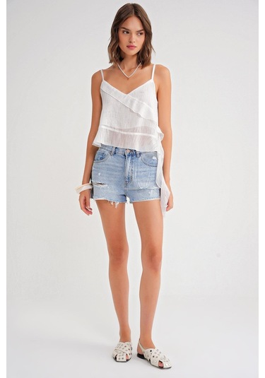 4736 Kadın Fırfırlı Askılı Bluz Beyaz Beyaz