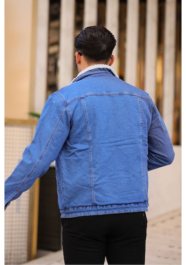 Erkek Kürklü Kot Ceket İçi Kürklü Kot Ceket Buz Mavi