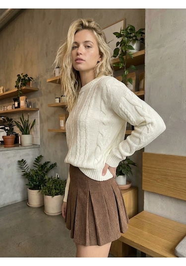 Sayzen Your Shine Saç Örgülü Basic Regular Triko Kazak Sy-2605 Ekru