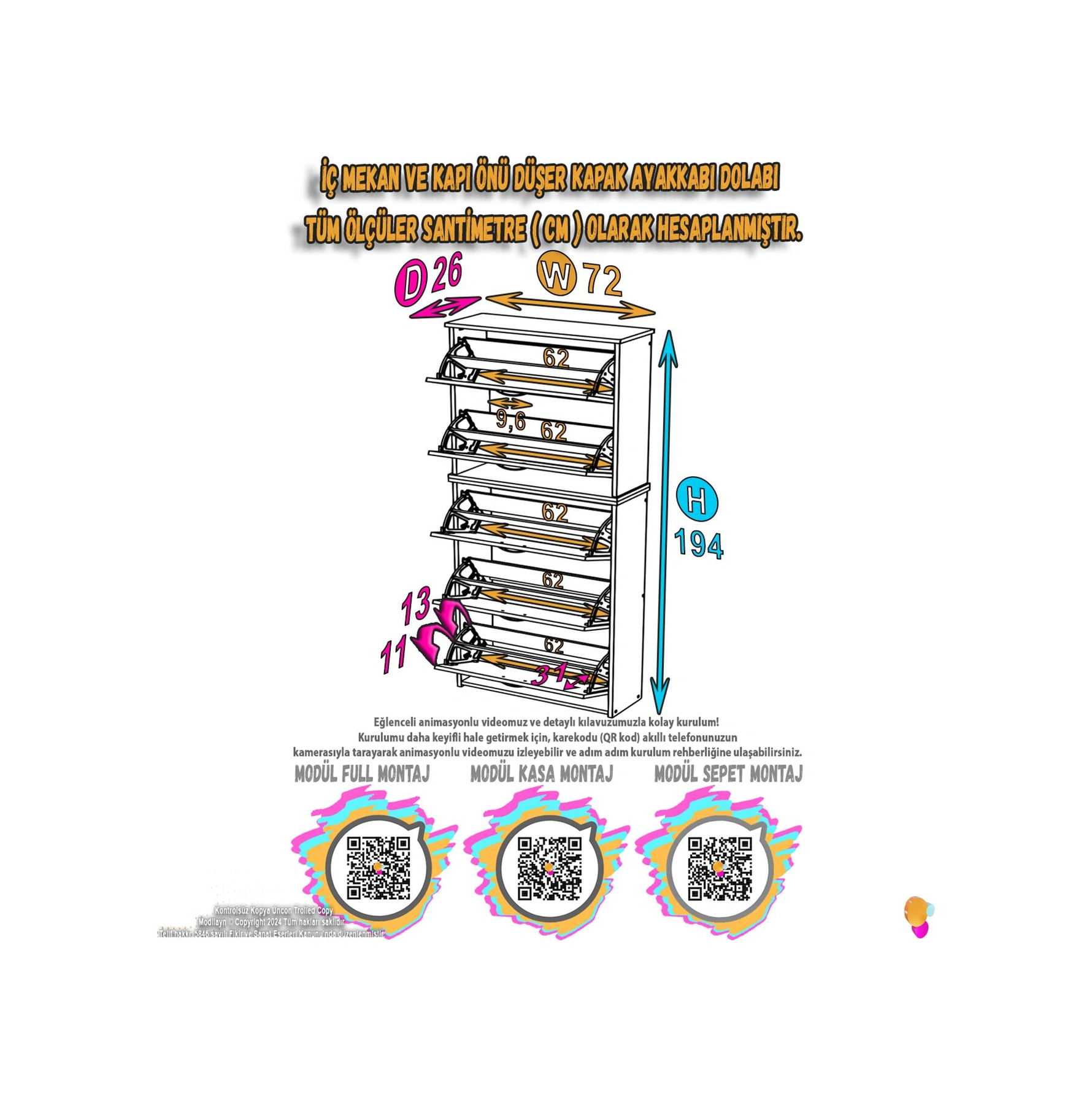 İkra Antre Meşe Renk 5 Düşer Kapak 10 Göz Bölmeli Ayakkabılık 72x 194 X26 Cm Meşe