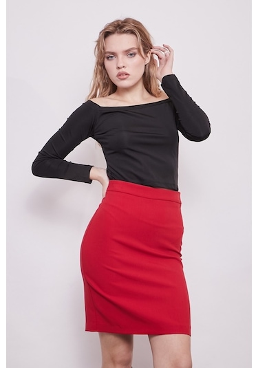 Yüksek Bel Diz Üstü Kumaş Kalem Etek-Kırmızı