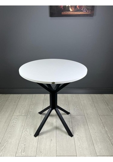 Nisa Beyaz Yuvarlak Mutfak Masası Yemek Masası Balkon Masası Metal Siyah Ayak 70 Cm