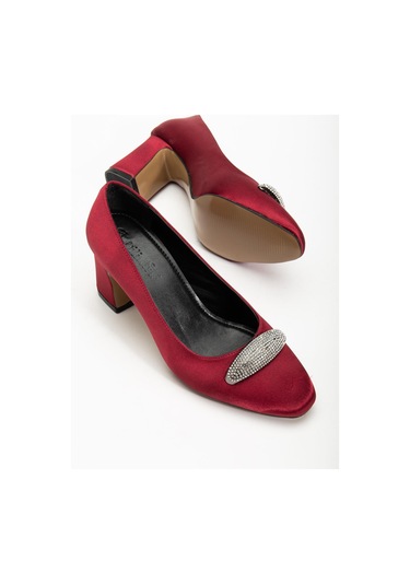 Kadın Siletto Topuklu Ayakkabı Bordo Saten Taşlı Kalın Topuklu-4169 Bordo