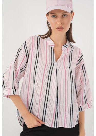 Bigdart Kadın Çizgili Oversize Bluz 967 - Pembe