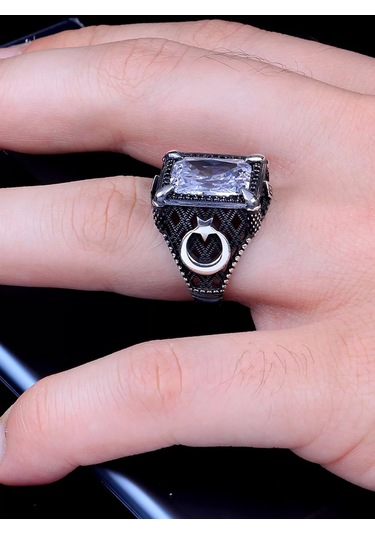 Gümüş Zirkon Taşlı Ayyıldız Motifli Erkek Yüzük Silver 925 Ayar Cıaey198