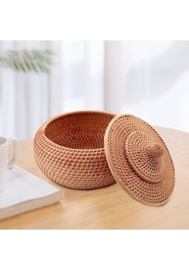 Bosphorusboutique02 Yuvarlak Rattan Sepet, Kapaklı Hasır Meyve Ekmek Kutusu, Rustik Atıştırmalık Kase Diğer