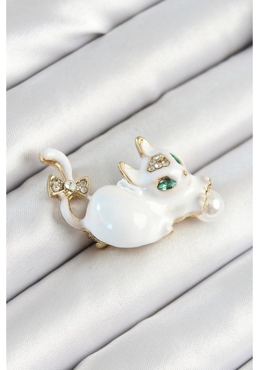 Zirkon Taşlı İnci Detaylı Beyaz 3d Kedi Figürlü Gold Renk Kadın Broş Çok Renkli