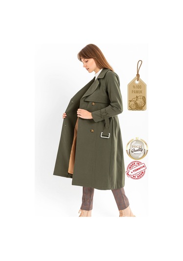 Pastelastore %100 Pamuk Gabardin Uzun 110cm Astarlı Kemerli Kadın Trençkot 1111 Haki