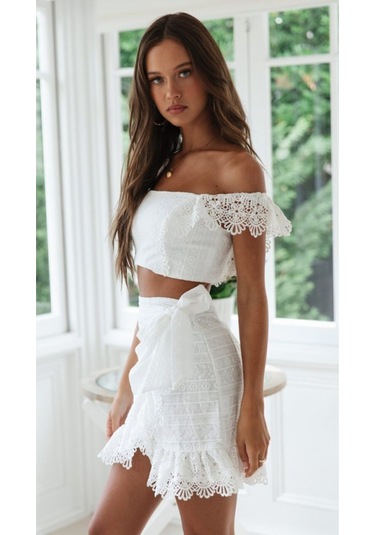 Bohem Bağlamalı Sahil Elbise Takım Beyaz Beyaz