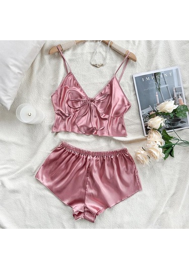 Buz İpek Atlet Pijama Kadın Moda İki Parça Ev Giyim İnce Ev Askılı Şort Takımı Pembe
