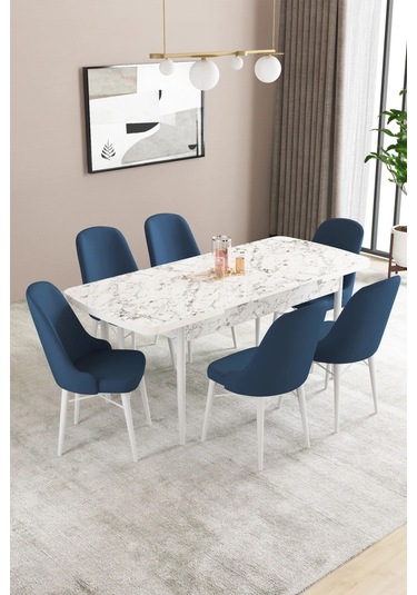 Sar Pakete Almira Serisi, Beyaz Mermer Desen 80x132 Açılabilir Mdf Mutfak Masası Takımı 6 Adet Sandalye Lacivert