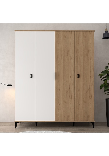 6403 Neva 4 Kapılı 200 Cm Gizli Çekmeceli Gardırop , Elbise Dolabı , Genç Odası Beyaz - Sepet