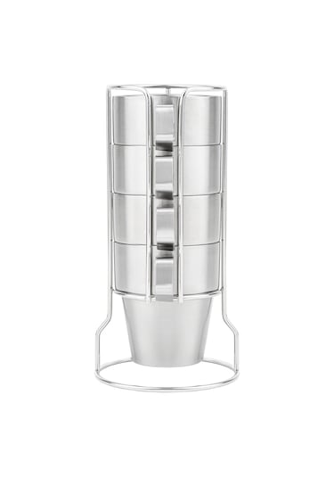 Paslanmaz Çelik 4'lü Kupa Seti - Stantlı - 300 Ml Gri - Gümüş