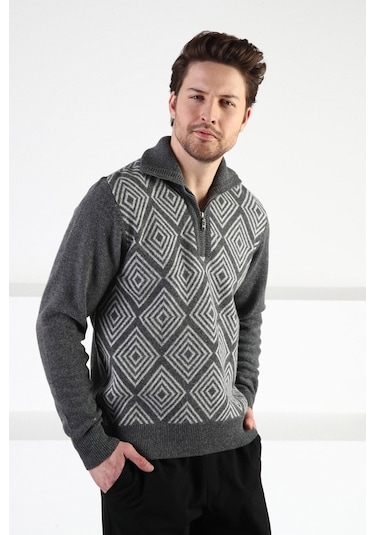 Ferraro Füme Kare Desenli Dik Yaka %100 Kuzu Yünü Erkek Kazak Füme (536161022) Füme