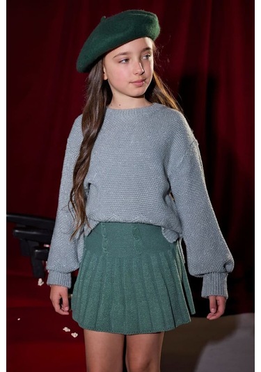 Kız Çocuk Saç Örgüsü Desenli Pileli Triko Etek - Yeşil Yesıl