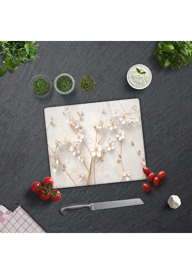 Cam Kesme Tablası - Cam Kesme Tahtası Beyaz Çiçek 29cm X 34cm