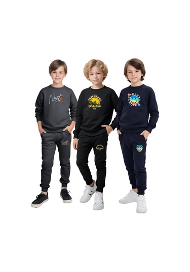 3'lü Erkek Çocuk Baskı Detaylı Yuvarlak Yaka Eşofman Takımı Çok Renkli