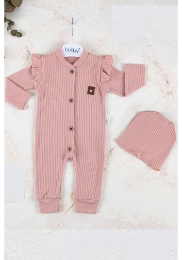 Baby Donat Boydan Düğmeli Şapkalı % 100 Pamuk Kız Bebek Tulumu Gülkurusu