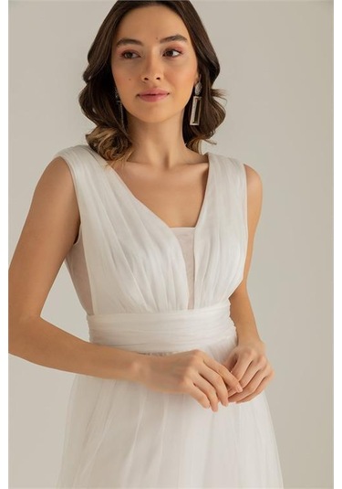 Dipmoda Kadın Beyaz Drapeli Tül Abiye Elbise Dp2030 Beyaz