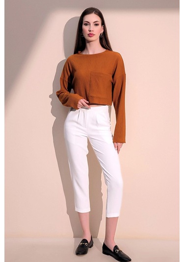 Kadın Hardal Uzun Kol Kendinden Dokulu Cepli Crop Sweatshirt, Salaş Kesim Bluz HARDAL