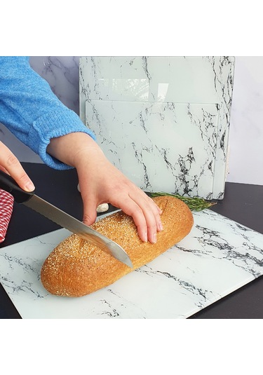 Decorita Cam Kesme Tahtası | Beyaz Mermer Görünümlü | 3'lü Takım