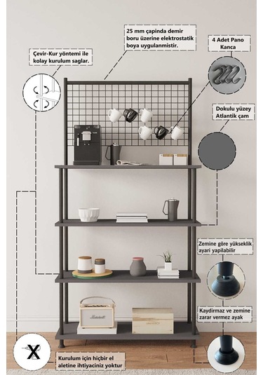 Çevir Kur Antrasit 4 Raflı Kahve Köşesi Dolabı Mutfak Düzenleyici, Stand, 71x167x35 Cm Antrasit