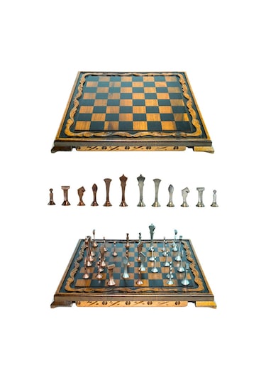 Mc44 Büyük Boy Metal Satranç Takımı Gerçek Ceviz Tahta El Yapımı Antik Taşlar 35x35cm
