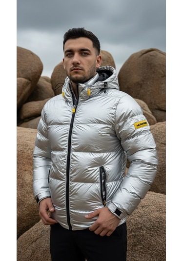 Erkek Gümüş Renk Kapüşonlu Şişme Mont Su Geçirmez Parlak Kaban Gümüş