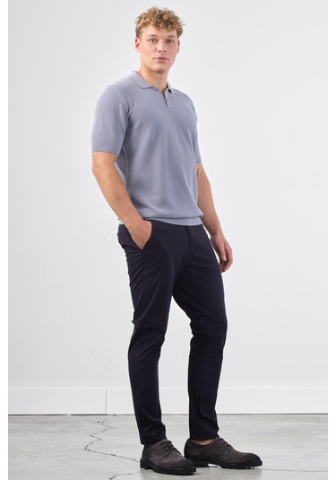 Dufy Gri Polo Düğme Yaka Düz Renk Slim Fit Erkek Triko Gri