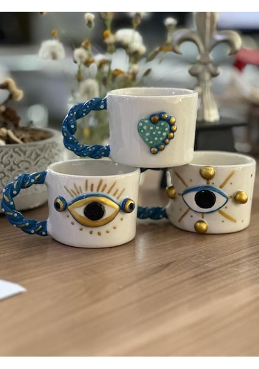 Burgu Kulp Gold Detay Göz 2 Noktalı Kalpli Mug Kupa Fincan