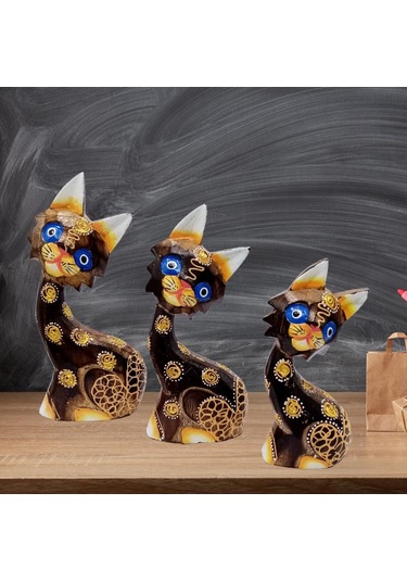 Ahşap Aborjin Üçlü Kedi Dekoratif Biblo No.1 16 Cm