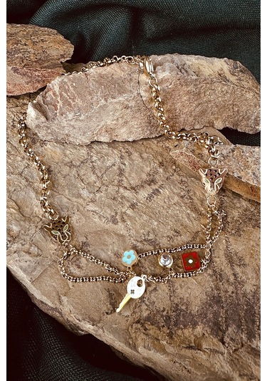 Kaplan Model Anahtar Tasarım Zirkon Taşlı Örgü Zincir Kadın Paslanmaz Çelik Gold Renk Kolye Altın