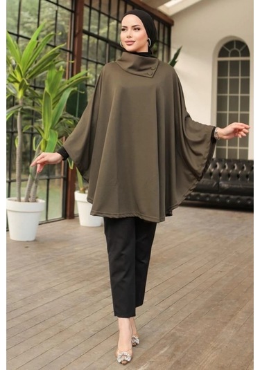 Düğme Detaylı Şık Tasarımlı Haki Şal Yaka Panço Haki