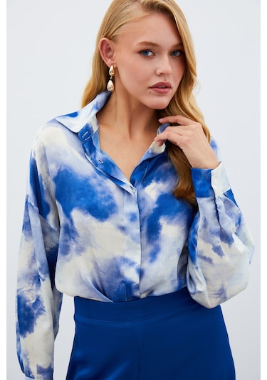 Sateen Salaş Uzun Gömlek - Sax Mavi-135003 Sax Mavi Saks