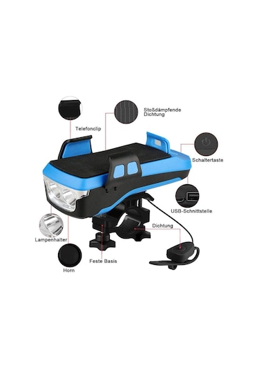 Springsun Su Geçirmez Şarj Edilebilir Bisiklet Işığı: Telefon Tutucu + Güvenlik Korna İle 4 Ü 1 Arada Bisiklet Aksesuarı Siyah