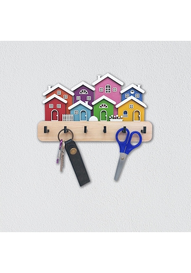 Cajuart Yanyana Renkli Evler Ahşap Dekoratif Duvar Askısı Anahtarlık Modern Dekor
