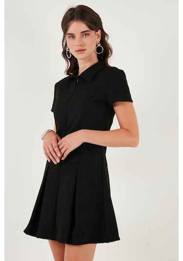 Lela Regular Fit Fermuarlı Polo Yaka Kısa Kollu Pileli Süet Bayan Elbise 5866438 Siyah